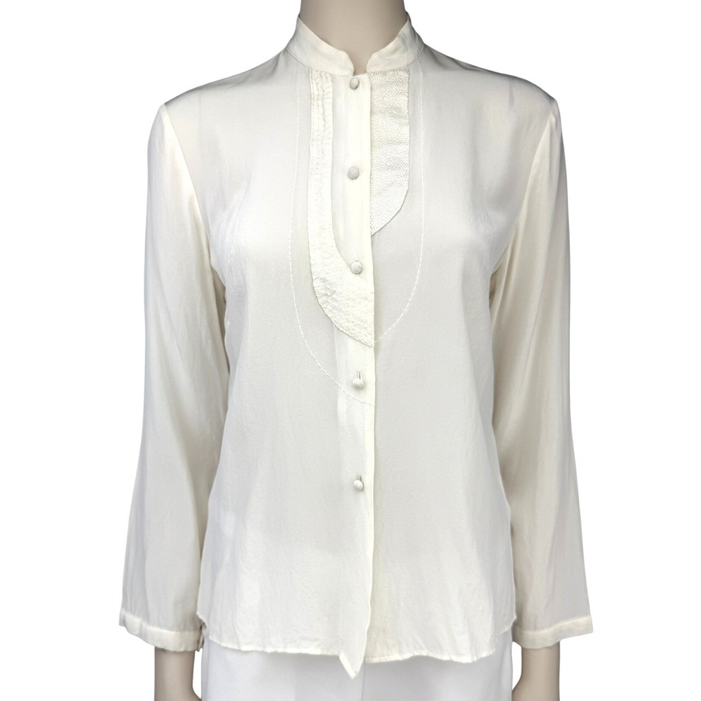 NITYA‎ 100% Silk Mandarin Collar Long Sleeve Ivory Bib Front Blouse Top US 6 S